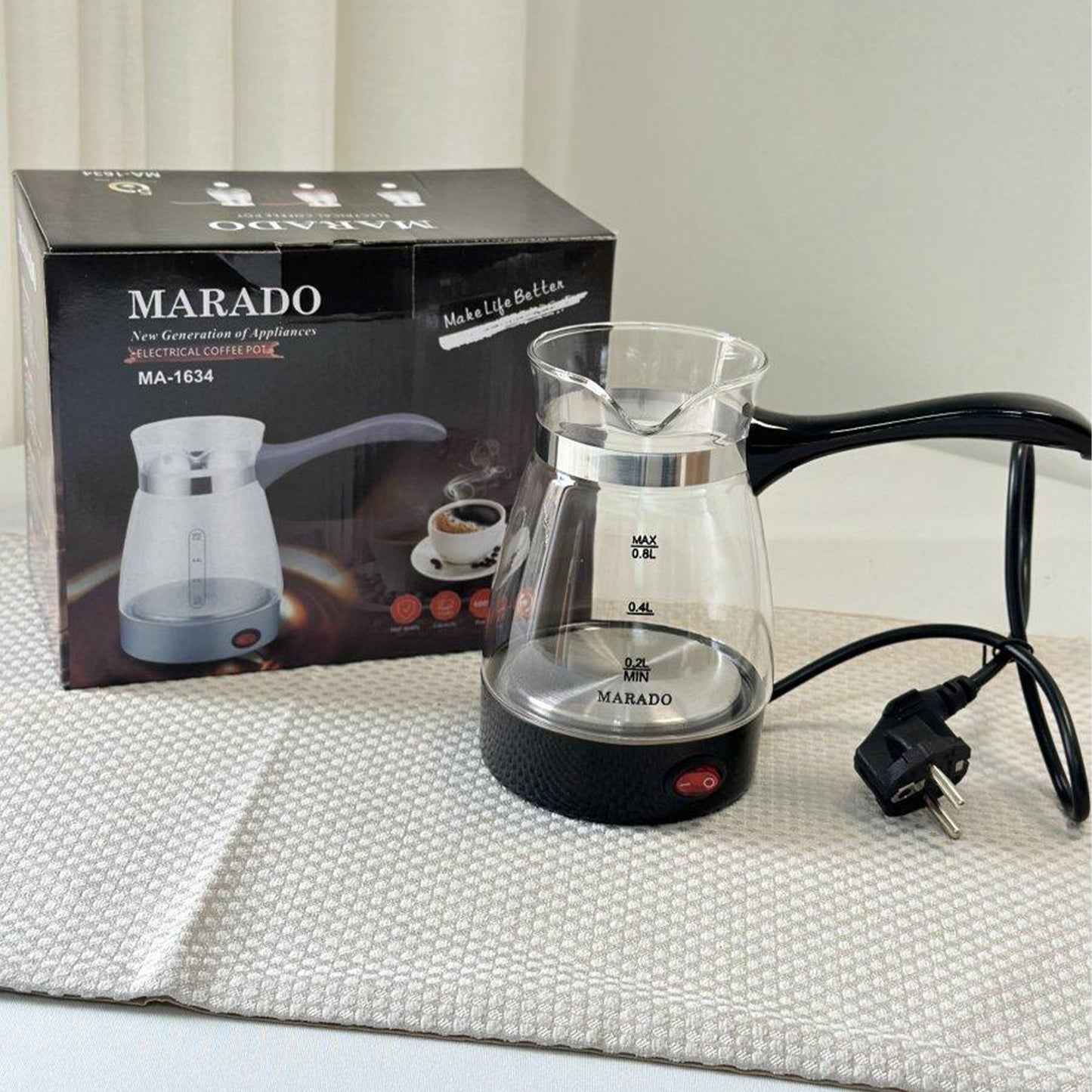 كنكة كهربائية زجاجية – لتحضير القهوة والشاي والماء والحليب (قاعدة متصلة)