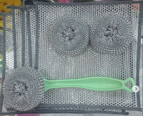 مجموعة أدوات تنظيف المطبخ – ليف سلك استانلس مع فرشاة مقبض