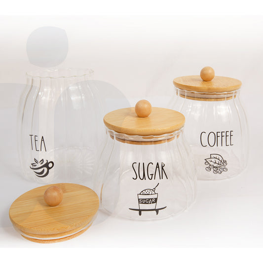طقم 3 برطمانات زجاجية لحفظ القهوة والشاي والسكر – أغطية بامبو بتصميم عصري