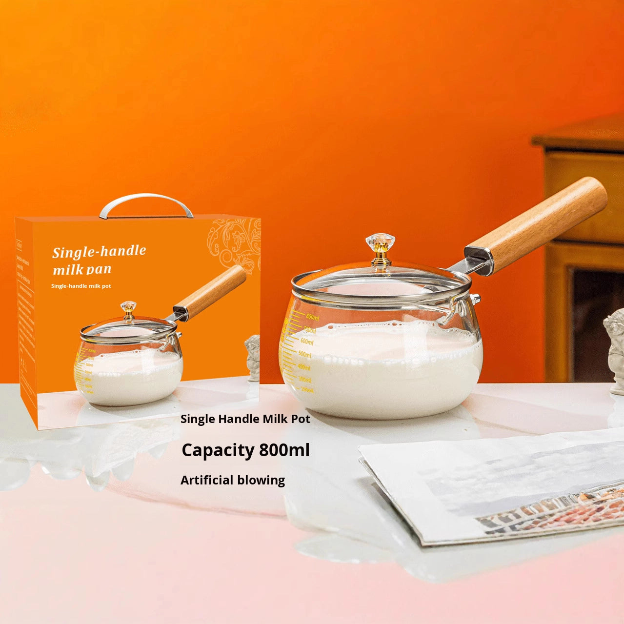 قدر حليب زجاجي بمقبض واحد – غطاء بمقبض خشبي