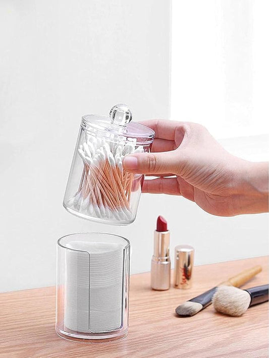 علبة تخزين قطن مزدوجة الطبقات – علبة شفافة لمستحضرات التجميل