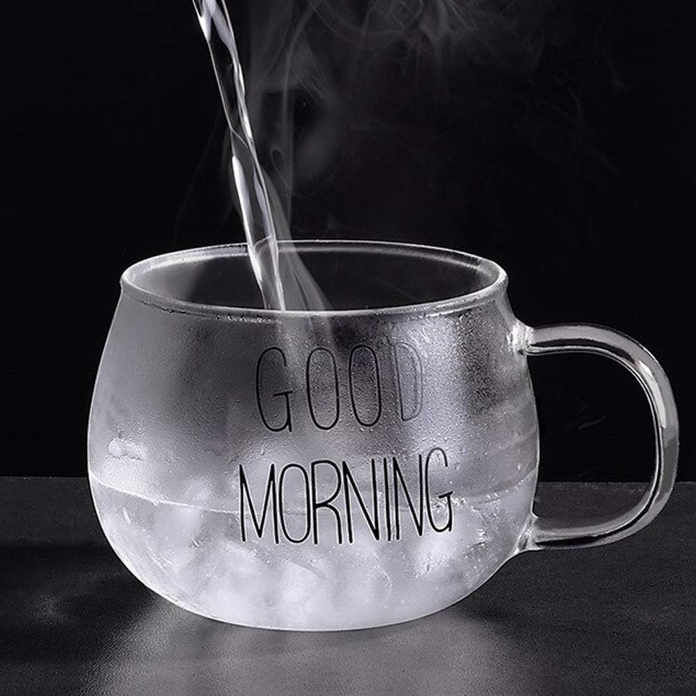 كوب زجاج بطباعة "Good Morning" – تصميم أنيق للمشروبات الساخنة،