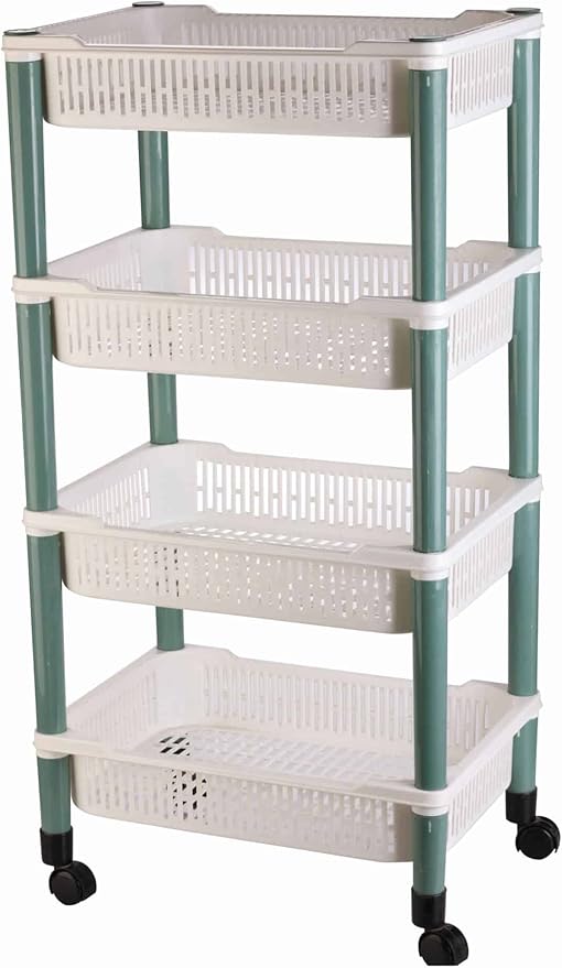 عربة تخزين خضروات متعددة الألوان، مصنوعة من البلاستيك، بأربع أبواب.