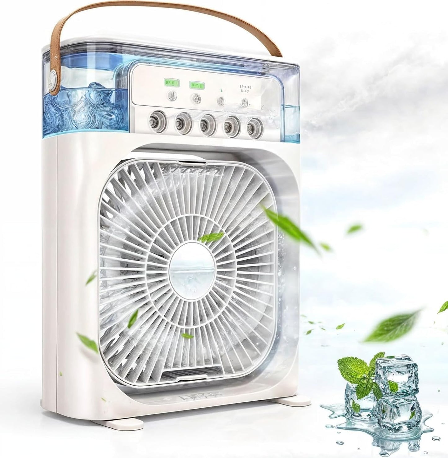 مروحة تكييف هواء محمولة صغيرة – 3 سرعات، مبرد تبخيري ومرطب هواء مع مؤقت وإضاءة LED بـ7 ألوان