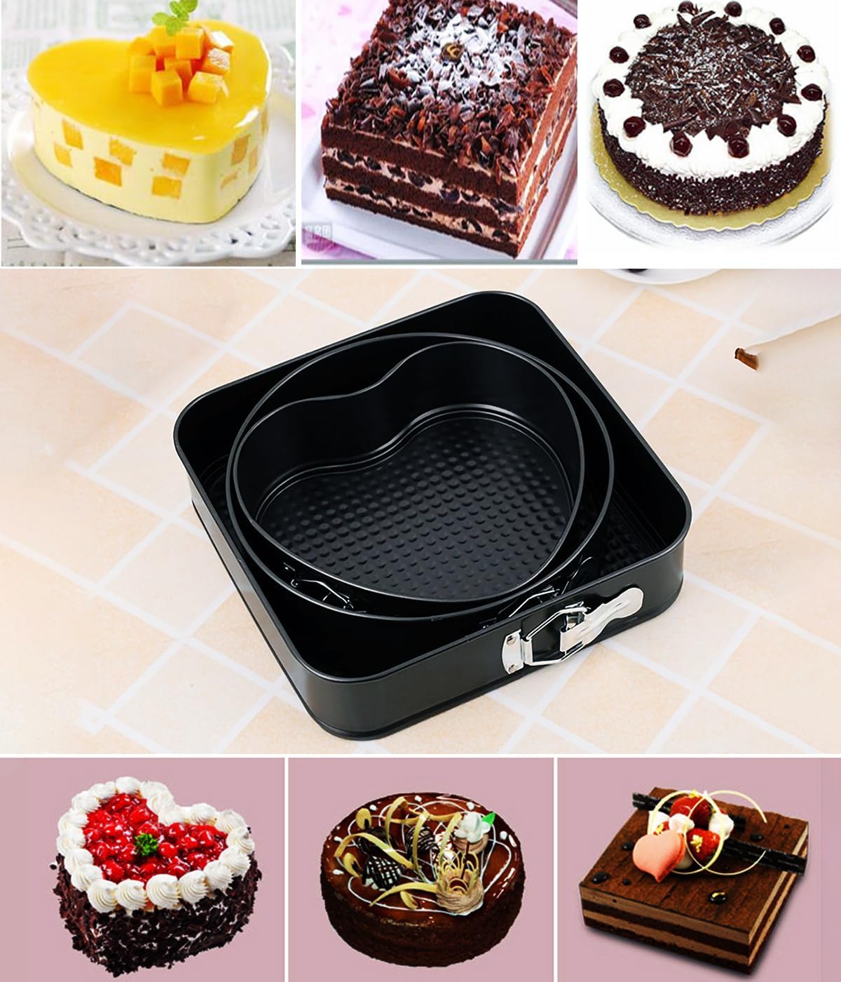صينية كيك سريعة الفك مقاومة للالتصاق بقاعدة قابلة للفصل، طقم من 3 قطع من الصلب الكربوني باللون الأسود