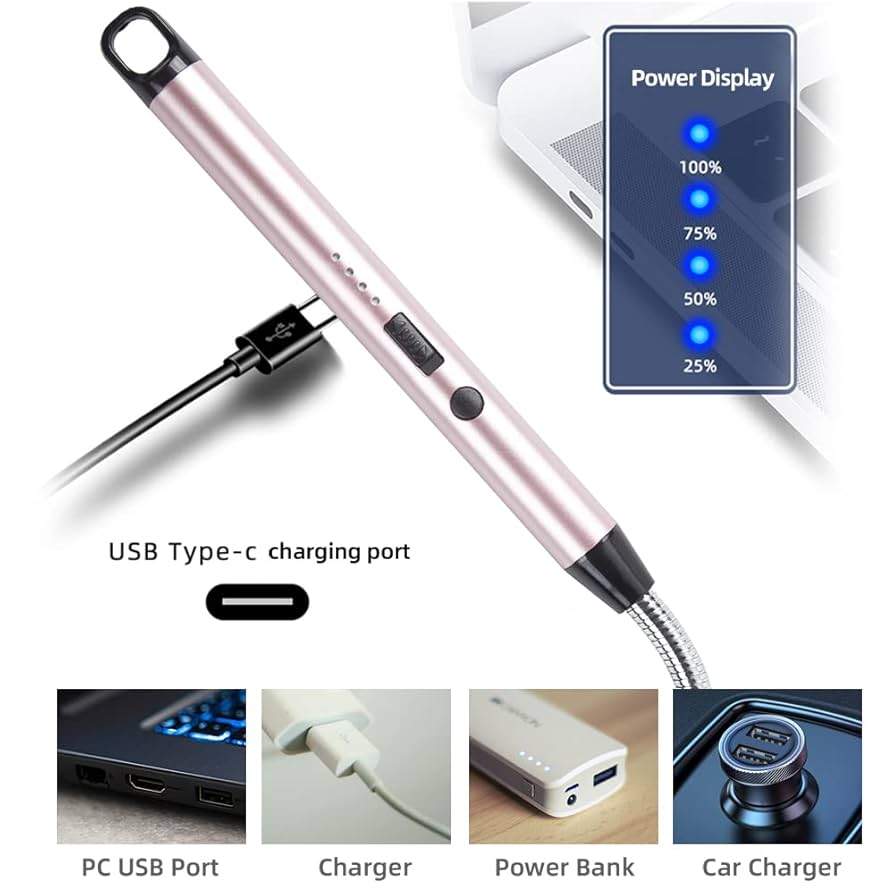 ولاعة غاز كهربائية قابلة لإعادة الشحن عبر USB – برقبة مرنة وتصميم طويل لإشعال الشموع والموقد