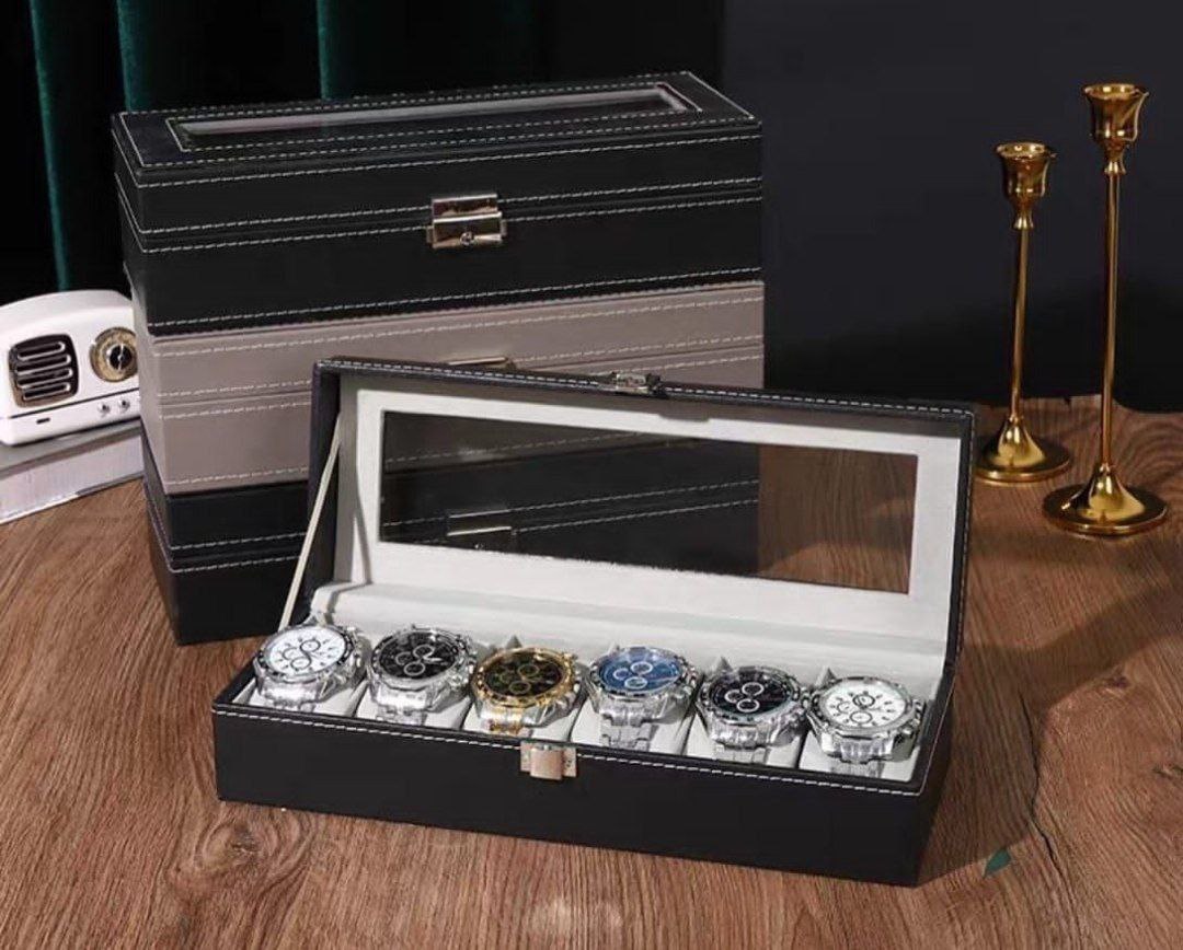 بوكس ساعات وصندوق تخزين مجوهرات – جلد فاخر 6 خانات