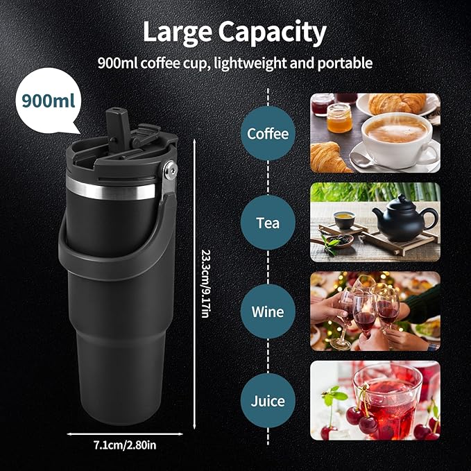 Ckbuity كوب سفر مع غطاء شفاط ومقبض 900 مل – ستانلس ستيل معزول بالفراغ