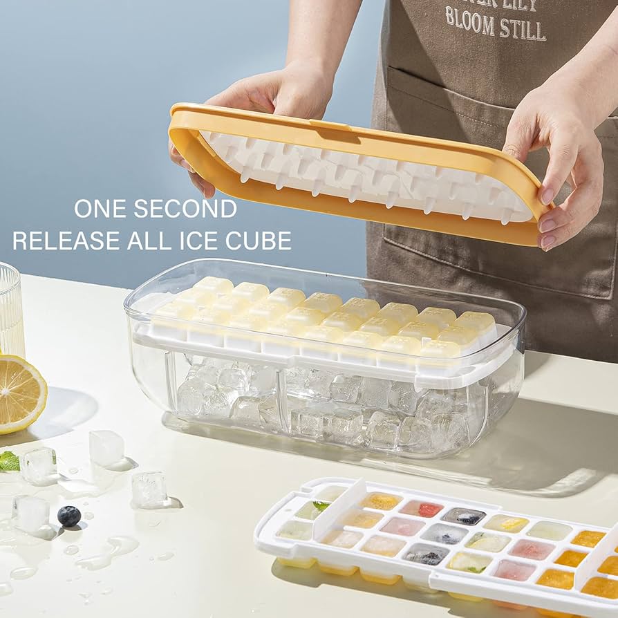 صينية مكعبات ثلج مزدوجة الطبقات مع غطاء ومغرفة – 24 قطعة كبيرة