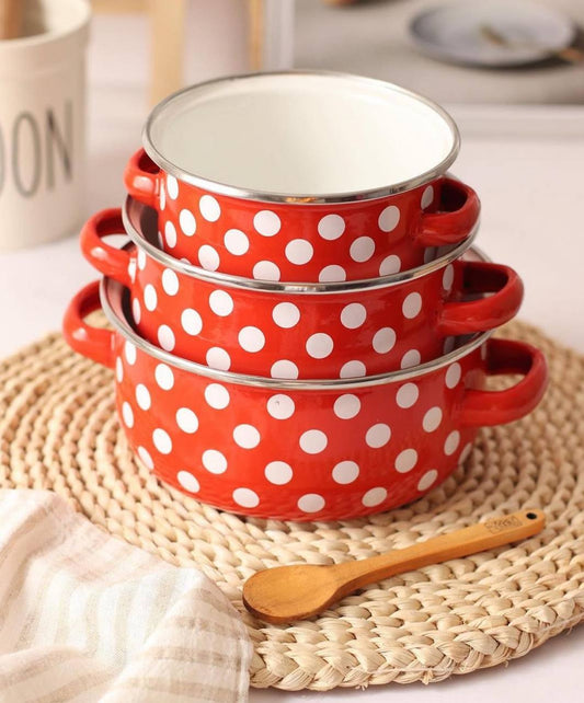 طقم حلل المطبخ الأحمر المنقط مكون من 3 قطع