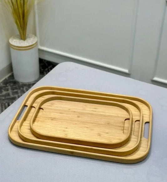 طقم صواني تقديم خشب بامبو بيضاوي – 3 قطع بأحجام مختلفة