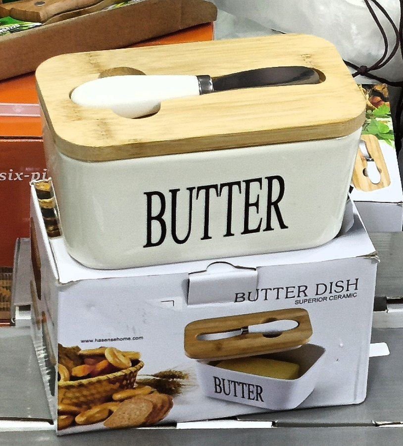 حافظة زبدة بورسلين مستوردة بغطاء خشب بامبو وسكينة ستانلس ستيل