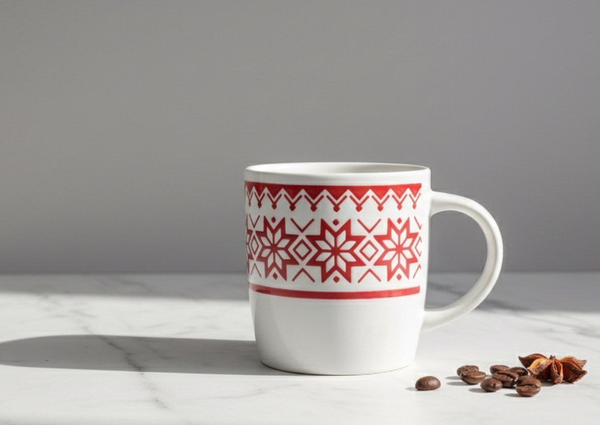 مج سيراميك بنقشة الثلج باللونين الأحمر والأبيض