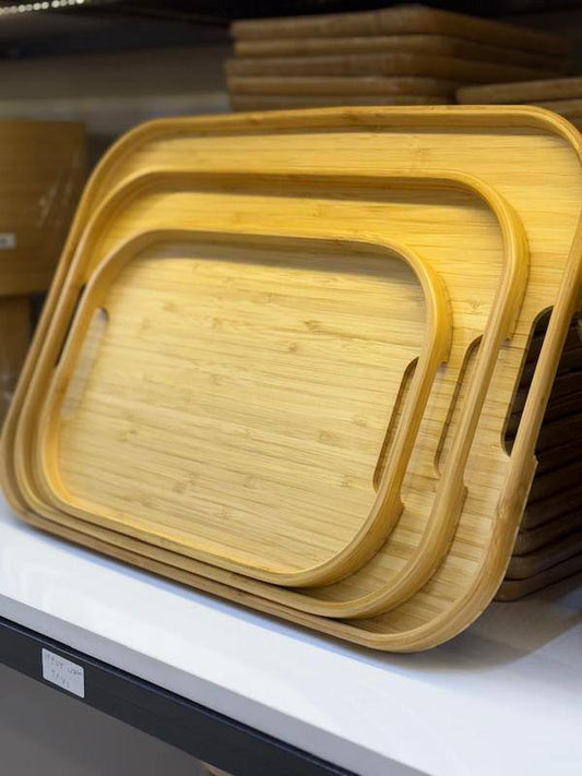 طقم صواني تقديم خشب بامبو بيضاوي – 3 قطع بأحجام مختلفة