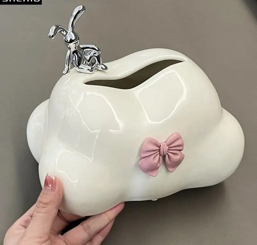 علبة مناديل بورسلين مع فيونكة وأرنب