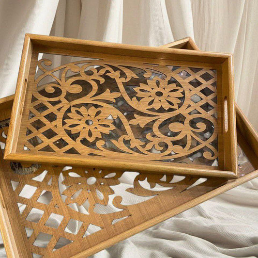 طقم صواني تقديم خشب زان محفور بالليزر، قطعتين مع طبقة حماية أكريليك اشكال متعددة