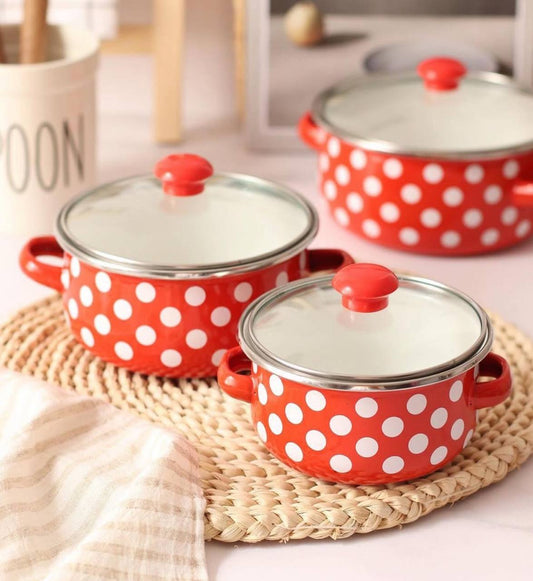 طقم حلل المطبخ الأحمر المنقط مكون من 3 قطع