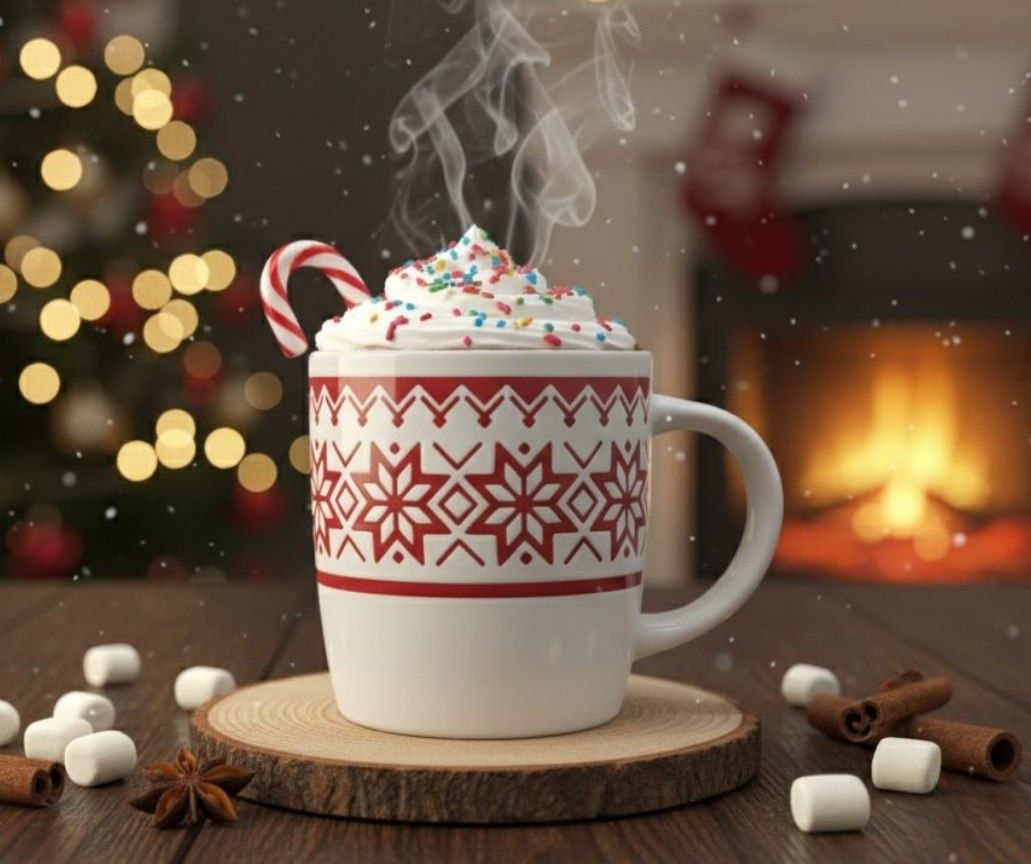 مج سيراميك بنقشة الثلج باللونين الأحمر والأبيض