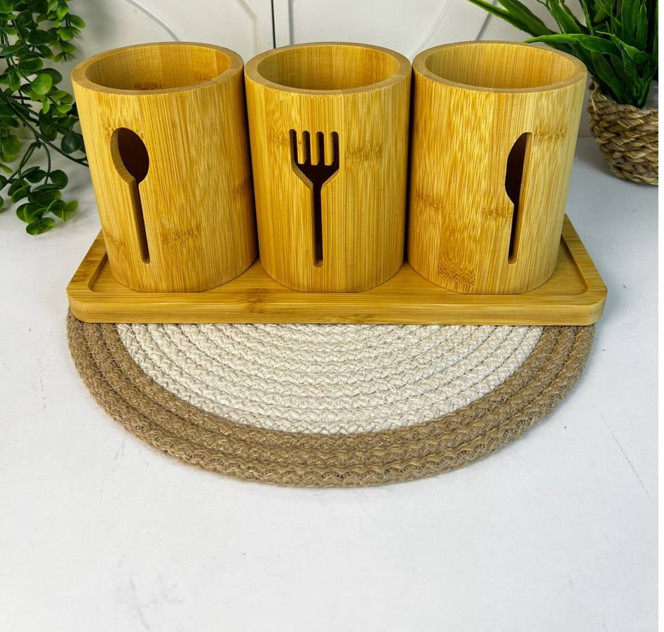 طقم حامل ومنظم المعالق والشوك والسكاكين خشب بامبو 4 قطع