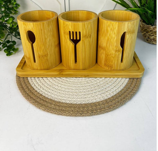 طقم حامل ومنظم المعالق والشوك والسكاكين خشب بامبو 4 قطع