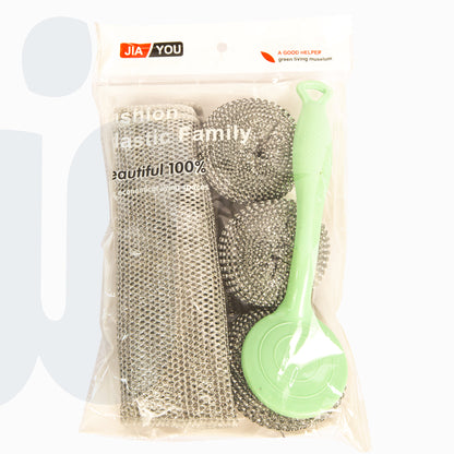 مجموعة أدوات تنظيف المطبخ – ليف سلك استانلس مع فرشاة مقبض