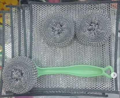 مجموعة أدوات تنظيف المطبخ – ليف سلك استانلس مع فرشاة مقبض