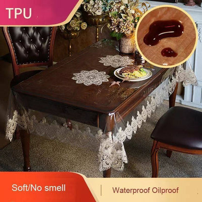 مفرش سفرة شفاف دانتيل – خامة جلد شفاف