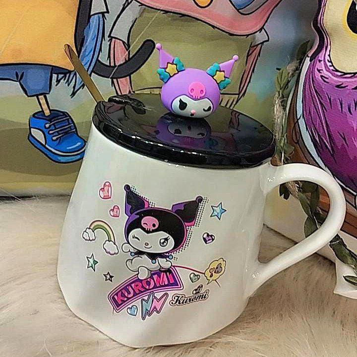 مج بورسلين ديزني بغطاء ومقبض سيليكون ومعلقة استانلس