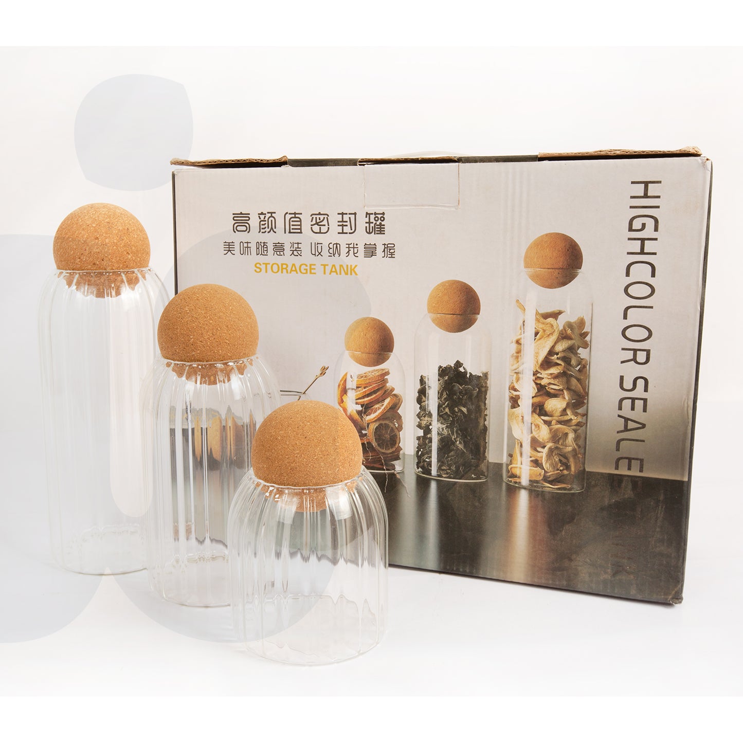 طقم برطمانات تخزين زجاجية مموجة بغطاء كروي من الفلين