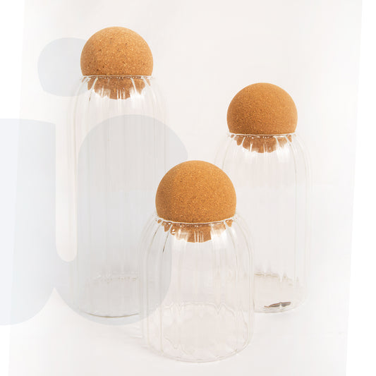 طقم برطمانات تخزين زجاجية مموجة بغطاء كروي من الفلين