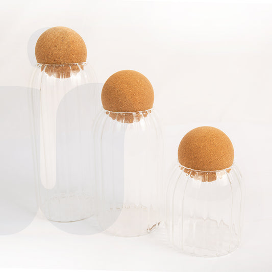 طقم برطمانات تخزين زجاجية مموجة بغطاء كروي من الفلين