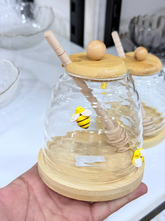 برطمان عسل بيركس بزجاج وغطاء خشبي مع ملعقة