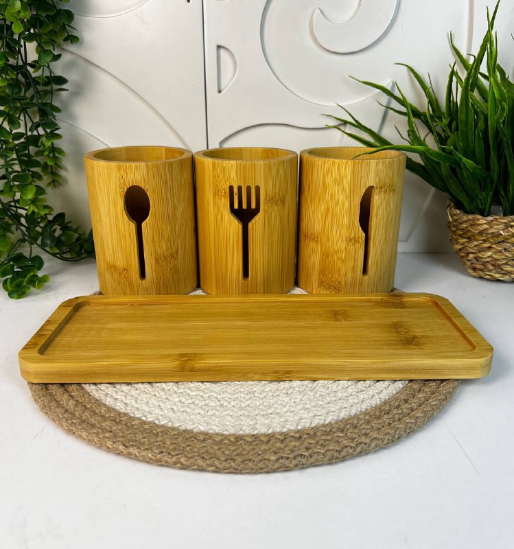 طقم حامل ومنظم المعالق والشوك والسكاكين خشب بامبو 4 قطع