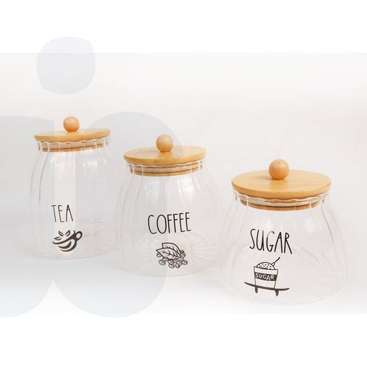 طقم 3 برطمانات زجاجية لحفظ القهوة والشاي والسكر – أغطية بامبو بتصميم عصري