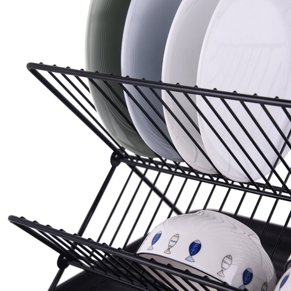 مطبقية أطباق قابل للطي بطبقتين مع صينية – لتنظيم وتجفيف الأكواب والأطباق