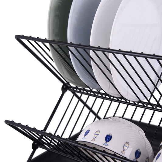 مطبقية أطباق قابل للطي بطبقتين مع صينية – لتنظيم وتجفيف الأكواب والأطباق