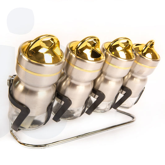 طقم توابل 4 قطع – برطمانات زجاجية مع حامل من الستانلس ستيل