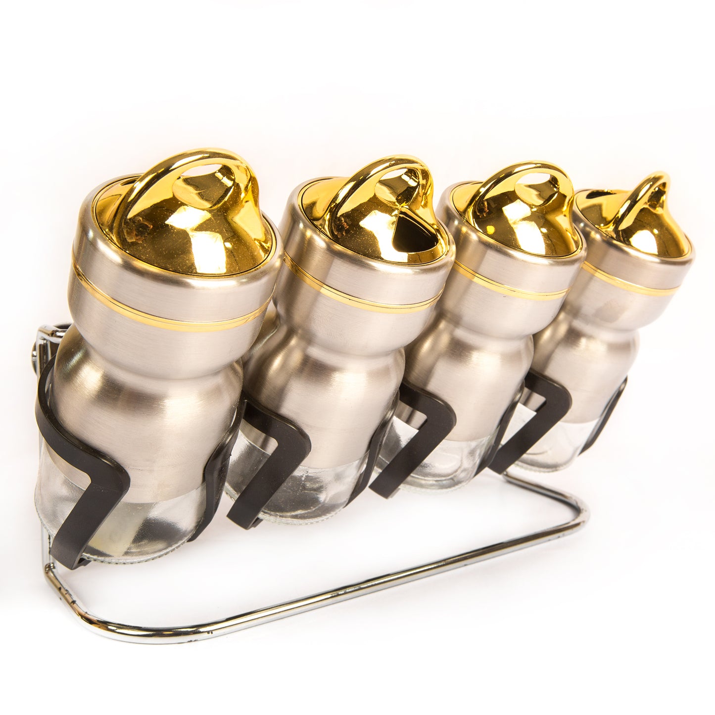 طقم توابل 4 قطع – برطمانات زجاجية مع حامل من الستانلس ستيل