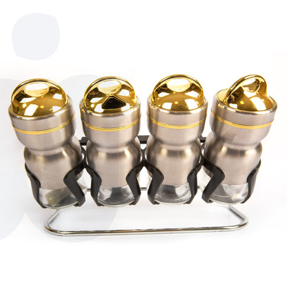 طقم توابل 4 قطع – برطمانات زجاجية مع حامل من الستانلس ستيل