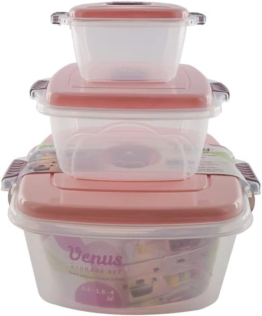 طقم علب حفظ طعام بلاستيك مربعة - 3 قطع