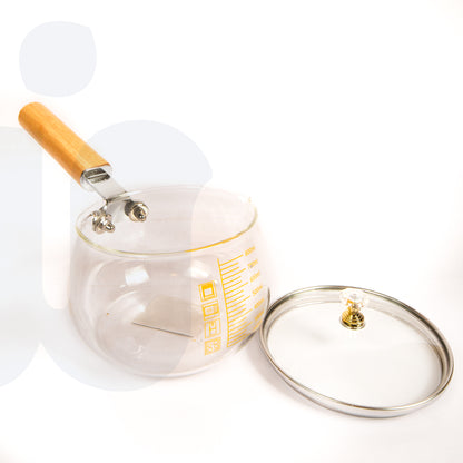 قدر حليب زجاجي بمقبض واحد – غطاء بمقبض خشبي