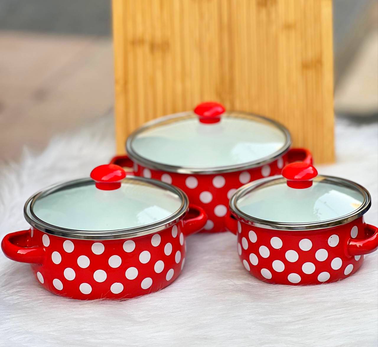 طقم حلل المطبخ الأحمر المنقط مكون من 3 قطع