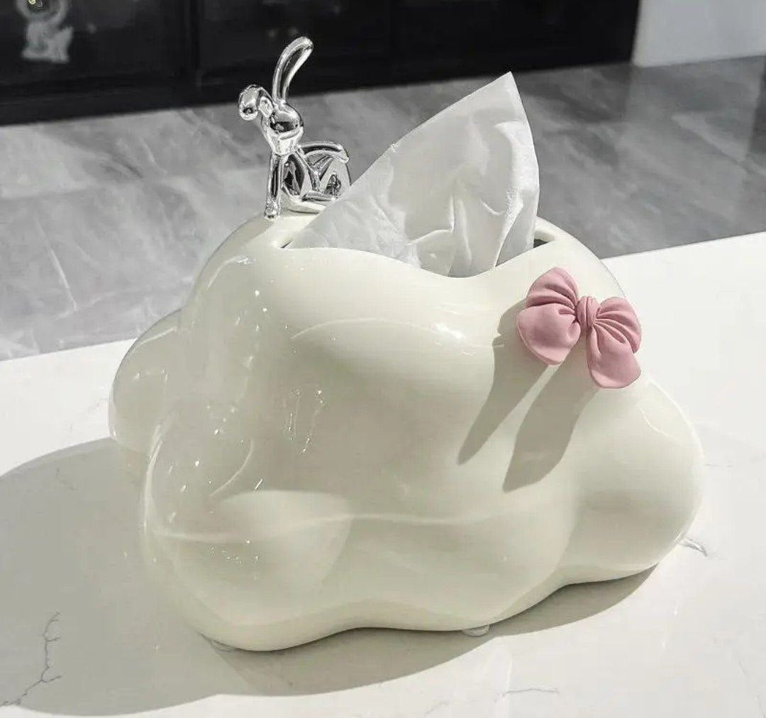 علبة مناديل بورسلين مع فيونكة وأرنب