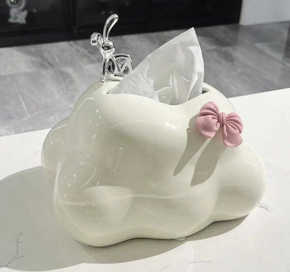 علبة مناديل بورسلين مع فيونكة وأرنب