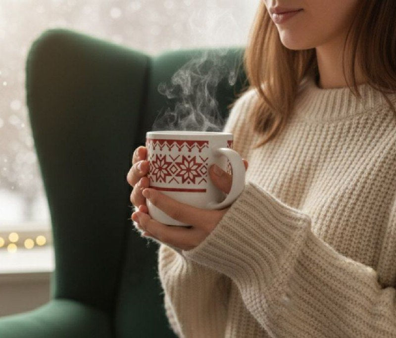 مج سيراميك بنقشة الثلج باللونين الأحمر والأبيض