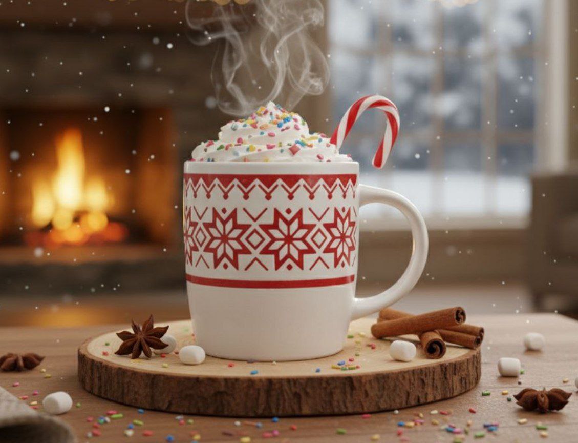 مج سيراميك بنقشة الثلج باللونين الأحمر والأبيض