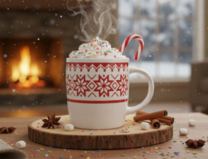 مج سيراميك بنقشة الثلج باللونين الأحمر والأبيض