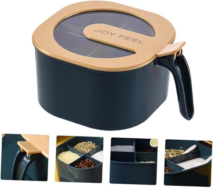 علبة بهارات بلاستيكية مقسّمة بـ 4 فتحات مع ملاعق وغطاء عملي للمطبخ