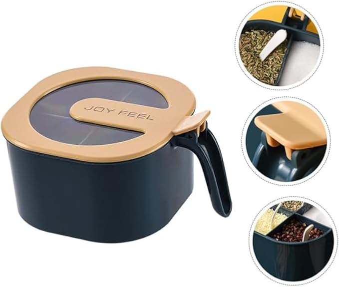 علبة بهارات بلاستيكية مقسّمة بـ 4 فتحات مع ملاعق وغطاء عملي للمطبخ