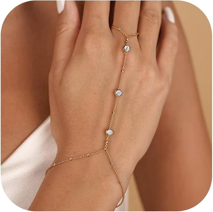 إسورة يد بخاتم متصلة بسلسلة استانلس ذهبي مزينة بكرستال – تصميم بوهيمي أنيق